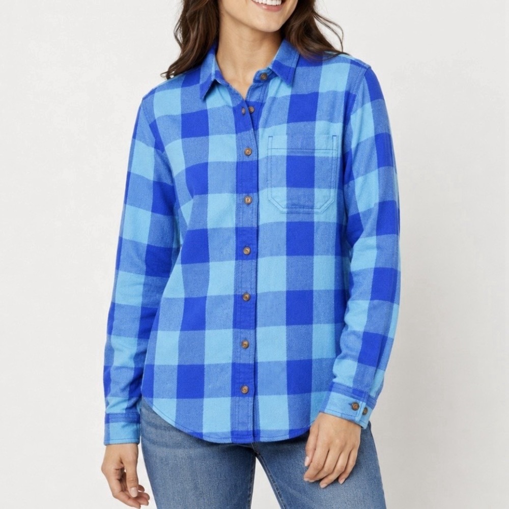 LL Bean Blue Plaid Organic Cotton Flannel Button Shirt Small Petite 506164